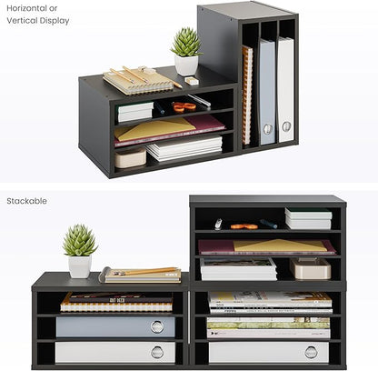 Ballucci Paper Organizer, 3-Tier Stackable Wood Desk Organizer, Document File Organizer and Mail Sorter with Adjustable Storage Shelves, Black