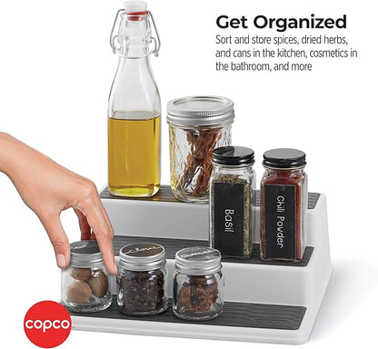 Copco 3-Tier Spice Rack Organizer for Cabinet or Pantry, 10-Inch Non-Skid Tiered Shelf, White/Gray Design Holds Spice Jars, Cans, and Bottles