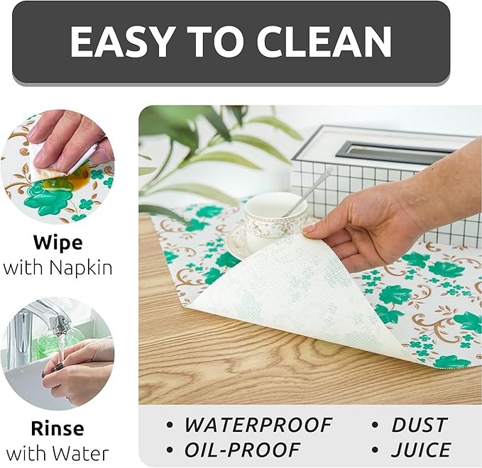 18X96 Inch Shelf Liner for Kitchen Cabinets, PVC Drawer Liner for Dresser Non-Slip Bathroom, Non-Adhesive Cabinet Liner Washable (Green Floral)(2 Roll)