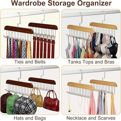 2 Pack Belt Hanger for Closet, Wooden Tie Racks Hanger with Upgraded 360°Rotating, Space-Saving Belt Holders with 8 Hooks, Closet Storage for Tie,Tank Top,Bra, Scarf,Hat