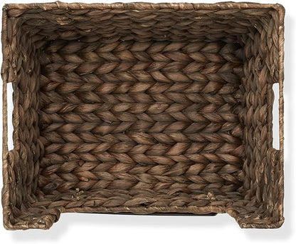 Casafield Set of 2 Water Hyacinth Pantry Baskets with Handles, Chalkboard Labels, and Marker - Espresso, Wide Woven Storage Bin Organizers for Kitchen Shelves