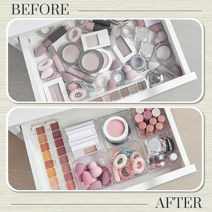 STORi SimpleSort 6-Piece Stackable Clear Drawer Organizer Set | 3" x 3" x 2" Square Trays | Small Makeup Vanity Storage Bins and Office Desk Drawer Dividers | Made in USA