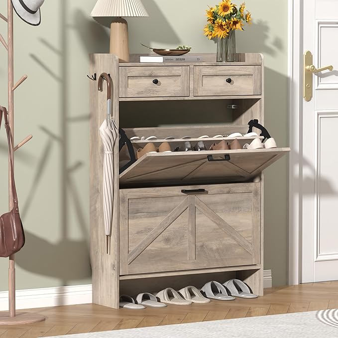 Shoe Cabinet with 2 Flip Drawers & 2 Storage Drawers, Rustic Farmhouse Narrow Shoe Organizer Cabinet, Slim Shoe Rack Cabinet, Shoe Storage Cabinet for Entryway, Hallway, Front Door