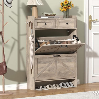 Shoe Cabinet with 2 Flip Drawers & 2 Storage Drawers, Rustic Farmhouse Narrow Shoe Organizer Cabinet, Slim Shoe Rack Cabinet, Shoe Storage Cabinet for Entryway, Hallway, Front Door