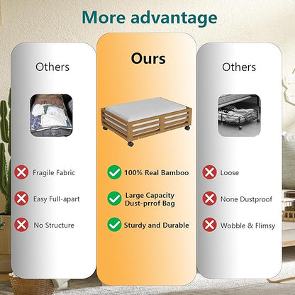 Wisuce Bamboo Under Bed Storage Containers- Underbed Organizer with Wheels with Large Dust Bag,Sturdy Wood Rolling Under the Bed Shoe Storage Organizer Drawer 2 Packs (Walnut, Small)