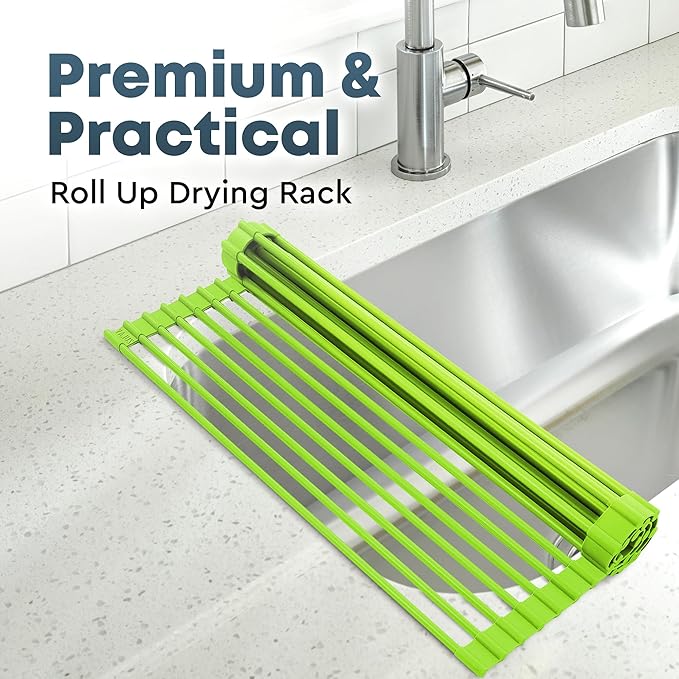 Zulay Kitchen Large Roll Up Dish Drying Rack - Heavy Duty Silicone Wrapped Steel Rods Over Sink Dish Drying Rack - Versatile Roll Up Sink Drying Rack & Trivet - Green,20.5 inches x 13 inches