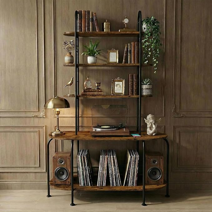 5-Tier CD Storage Rack, Record Player Stand with Storage, DVD Organizer Shelf with Adjustable Book Stoppers, Media Storage Rack for CD/DVD, Books, Games, for Living Room, Bedroom, Home Office, Rustic