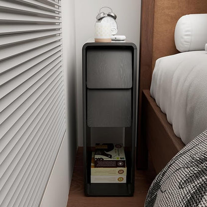 Black Nightstand Set of 2, Narrow Night Stand with Drawers, Small Bedside Table, Skinny Bed Side Table, Modern Wooden Nightstand for Bedroom, Wood, Slim, Black