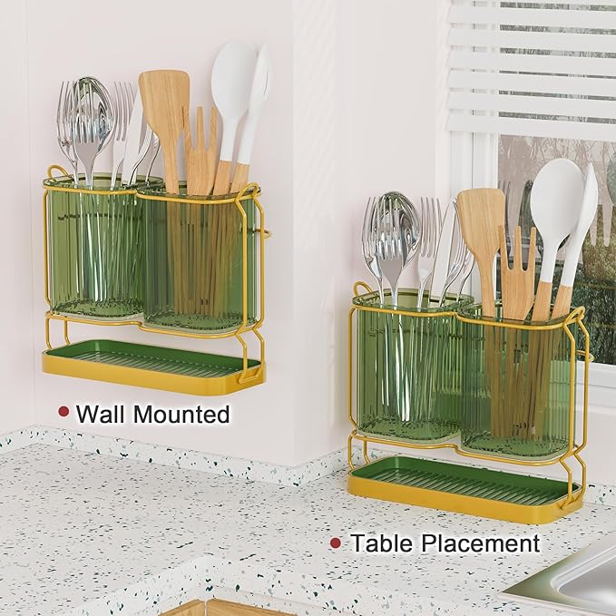 First-zgel Kitchen Utensil Holder Wall Mount, 6.7" Silverware Holder for Kitchen Countertop, Toothbrush Holders Utensil Drying Holder with Drain Tray for Silverware,Spatula (Green)