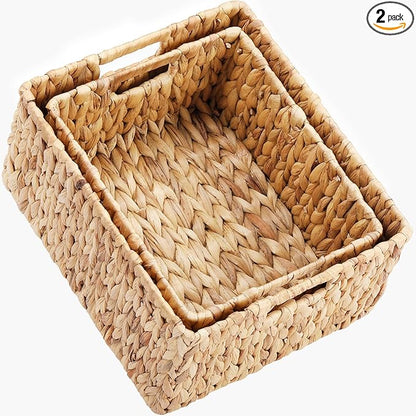 HOONEX Water Hyacinth Storage Baskets, Wicker Baskets for Organizing, Hand Woven Baskets with Carry Handles, Set of 2, Natural