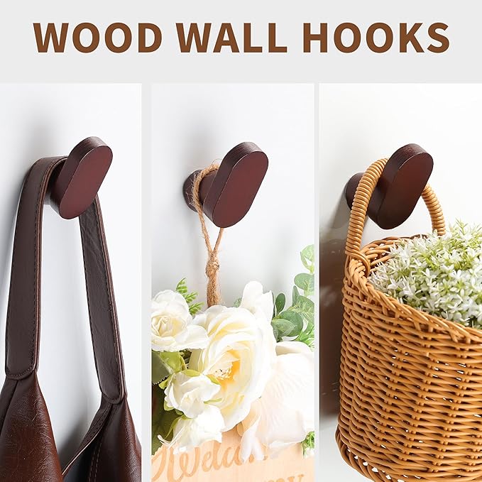 DELITON Coat Hooks Wall Mount, 4 Pack Wood Wall Hooks Rustic Heavy Duty, Decorative Wall Utility Hooks for Hanging Coats, Robe, Bag, Key