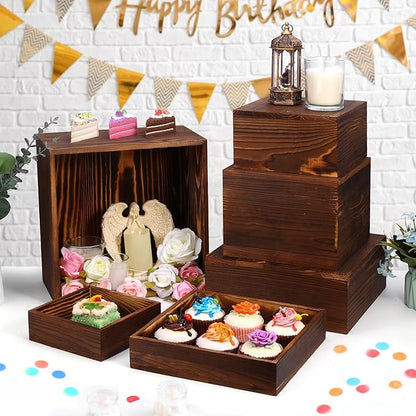 6 Pack Wooden Risers Display Stands Rustic Wood Cake & Cupcake Stands for Party Square Food Risers for Buffet Wooden Crates for Display Home Decor