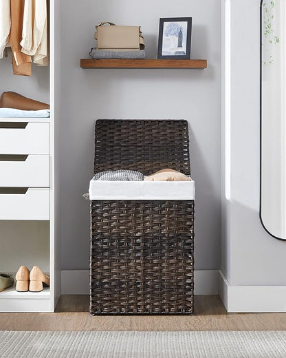 SONGMICS Laundry Hamper with Lid, 90L Clothes Hamper with 2 Removable Liner Bags, 6 Mesh Bags, Wicker Laundry Basket, Double Laundry Hamper for Bathroom, 13 x 18.1 x 23.6 Inches, Brown ULCB251K01V1