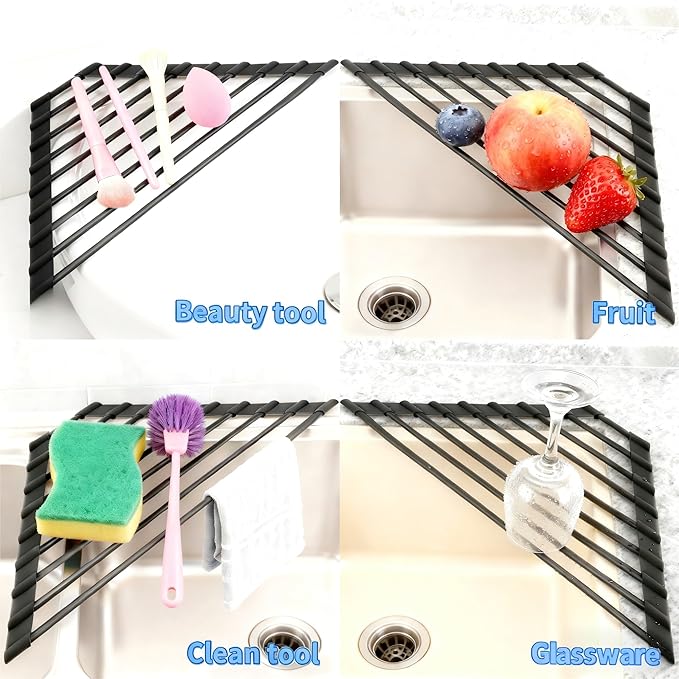 JAFLYDE Triangle Roll Up Dish Drying Rack Over The Sink, Anti-Rust with Full Silicone-Coated Stainless Steel Frame Fits, Organizer for Kitchen