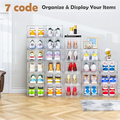 Thickened Clear Shoe Storage Organizer with Magnetic Door, Sturdy Stackable Shoe Boxes for Closet, Collapsible Space-Saving Shoe Rack for Sneakers & Boots, Plastic Shoe Cabinet Box Set, 6 Pack, White