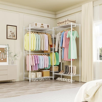 Portable Clothes Rack Heavy Duty Garment Rack, L-Shaped Closet Wardrobe with Adjustable Shelves, Freestanding Closet Organizer and Storage for Corner Apartment Bedroom, 70.5"H x 85.4"L x 17.4"W