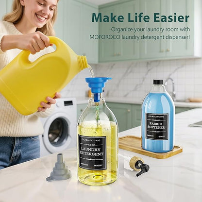 Moforoco Liquid Laundry Detergent Dispenser with Bamboo Tray, 2 Pack 64 Oz Plastic Laundry Soap Dispenser, Fabric Softener Dispenser with Pump and Labels for Laundry Room Decor and Organization