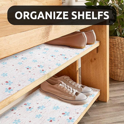 RAY STAR 18X96 Inch Shelf Liner for Kitchen Cabinets, Non-Adhesive Cabinet Liner Washable, PVC Drawer Liner for Dresser Non-Slip Bathroom (Blue-Floral)(5 Roll)