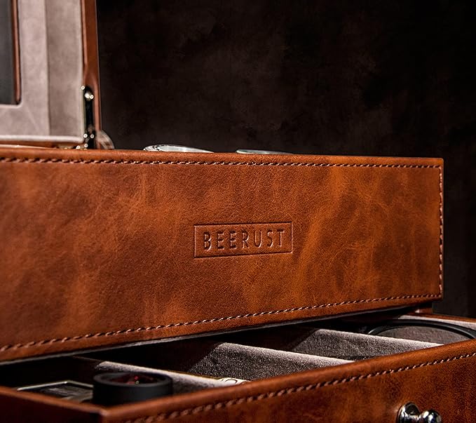 BEERUST Watch box organizer for men - Leather watch case - Luxury watch box - For large mens wrist watches - Mens jewelry box organizer - Watch case - With mens valet drawer - Watch display case