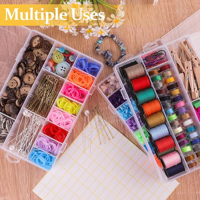 3 Pack 24 Grids Clear Plastic Storage Container With Adjustable Divider, Craft and Bead Organizer Box for DIY Jewelry Tackles With 2 Sheets Label Stickers