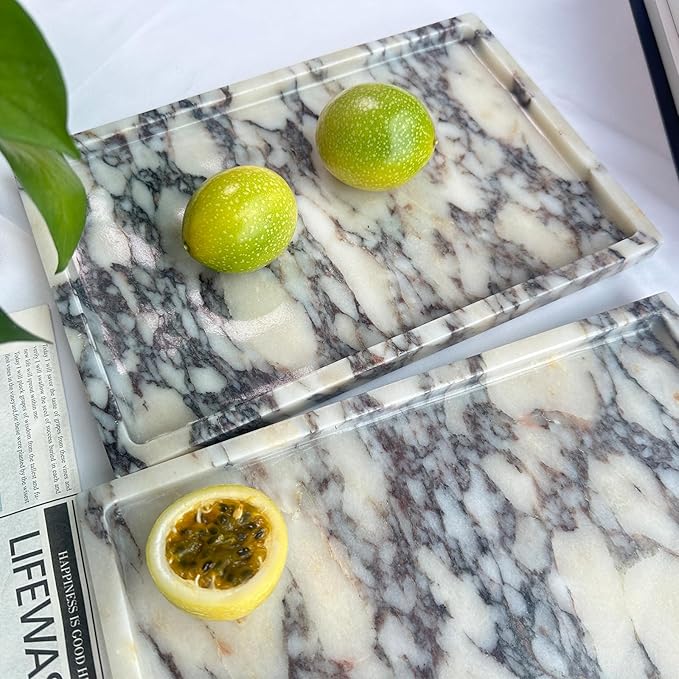 GHYFGD Real Natural Marble Tray Genuine Calcutta Viola Marble Stone Tray for Bathroom/Kitchen Counter (Calacatta Viola, 12" x 8")