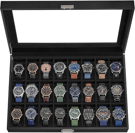 SONGMICS 24-Slot Watch Box, Lockable Watch Storage Case with Glass Lid, Gift Idea, Ink Black Synthetic Leather, Ink Black Lining UJWB024B02