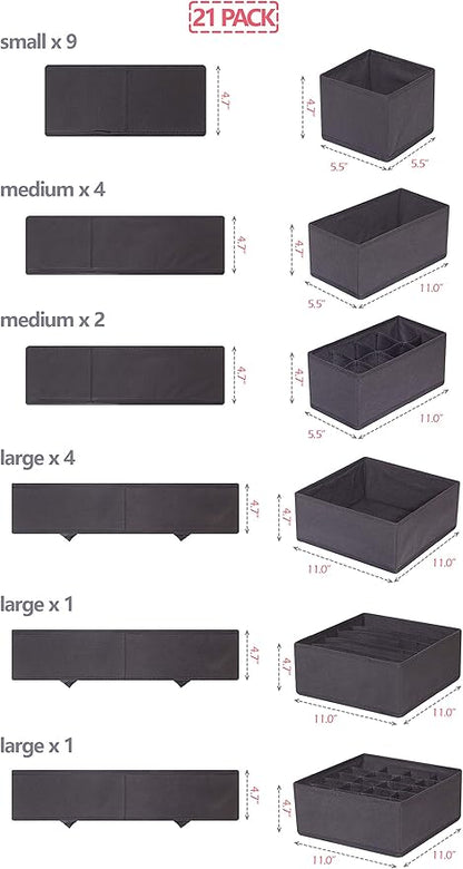 DIOMMELL 21 Pack Foldable Cloth Storage Box Closet Dresser Drawer Organizer Fabric Baskets Bins Containers Divider for Baby Clothes Underwear Bras Socks Lingerie Clothing,Dark Grey 11-4249