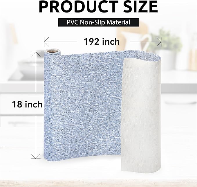 FIFTY FEET 18X96 Inch Shelf Liner with Scissor & Tape Measure for Kitchen Cabinets, PVC Drawer Liner for Dresser Non-Slip Bathroom, Non-Adhesive Cabinet Liner Washable (Pale Blue)