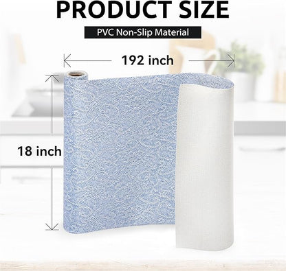 FIFTY FEET 18X96 Inch Shelf Liner with Scissor & Tape Measure for Kitchen Cabinets, PVC Drawer Liner for Dresser Non-Slip Bathroom, Non-Adhesive Cabinet Liner Washable (Pale Blue)