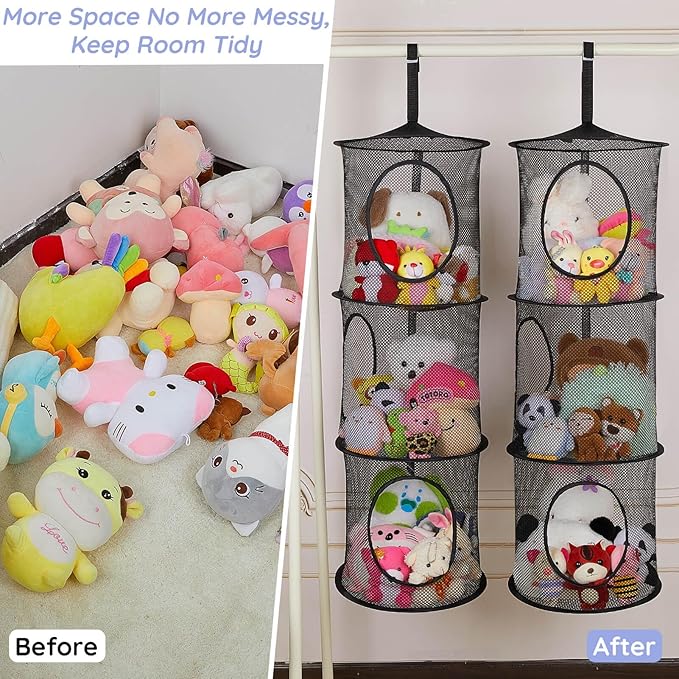 Basumee Stuffed Animals Net or Hammock 2 Pcs Stuffed Animals Storage Toy Net Hammock for Plushies Storage Organizer Mesh Kids Girls Room Decor, Black, 3 Tiers