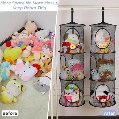 Basumee Stuffed Animals Net or Hammock 2 Pcs Stuffed Animals Storage Toy Net Hammock for Plushies Storage Organizer Mesh Kids Girls Room Decor, Black, 3 Tiers