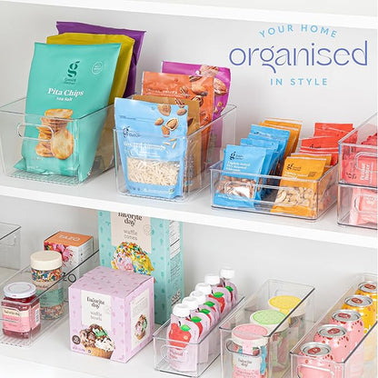 primebox Plastic Food Storage 4 Pack Clear Container Bin with Handles for Organizing Kitchen, Pantry, Fridge, Freezer, Pantry,Bathroom. 10"x6"x5"