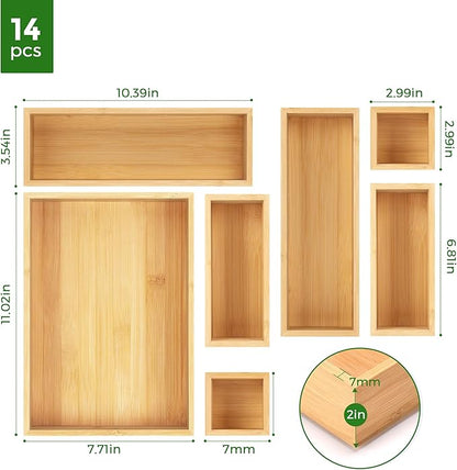 Bamboo Drawer Organizer Set, 14 PCS Multi-Use Individual Wood Storage Organizers, Junk Drawer Divider and Storage Trays Containers for Kitchen, Bathroom, Office Desk, Makeup, Jewelry, Utensils