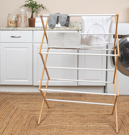 Household Essentials Bamboo Folding Clothes Drying Rack | White Finish, 11 Dowels & Flat Drying Shelf | Eco-Friendly, Collapsible Laundry Rack for Dorms, Apartments & Small Spaces | Fully Assembled