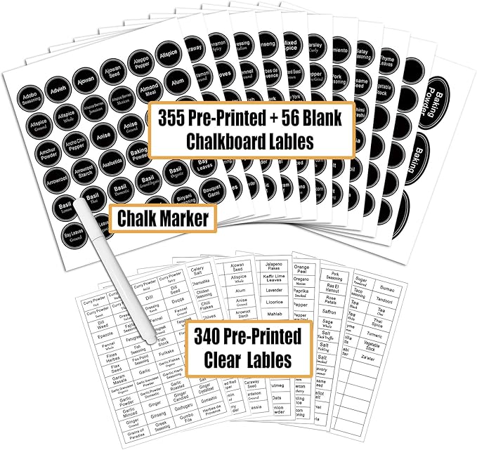 SWOMMOLY 771 Printed Spice Jar Labels with Extra Write-on Labels, Pantry Stickers and Chalk Marker Pen. Chalkboard and Transparent Set
