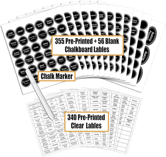 SWOMMOLY 771 Printed Spice Jar Labels with Extra Write-on Labels, Pantry Stickers and Chalk Marker Pen. Chalkboard and Transparent Set