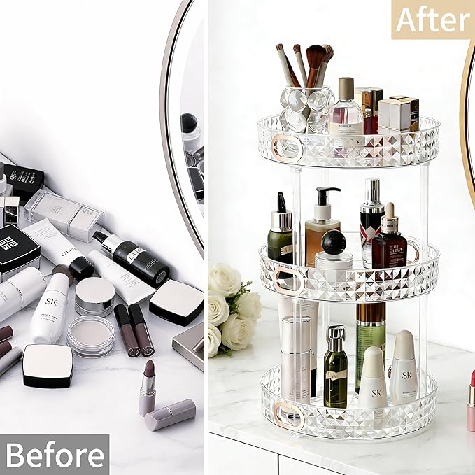 HsaExtriva 360 Rotating Makeup Organizer for Vanity, 3 Tier Diamond Patterned Perfume Organizer for Women, Large Capacity Skincare Lotion Cosmetic Storage Dresser Bathroom Countertop Lazy Susan, Clear
