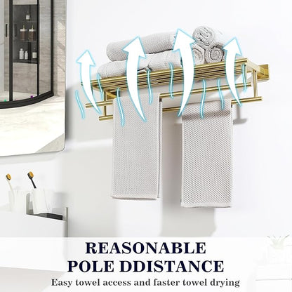 Alise Double Towel Rack for Bathroom,24 in Bathroom Tower Holder Towel Shelf with Double Towel Bars Wall Mount,SUS304 Stainless Steel Towel Hanger Double Tower Bar for Bathroom Wall,Brushed Gold