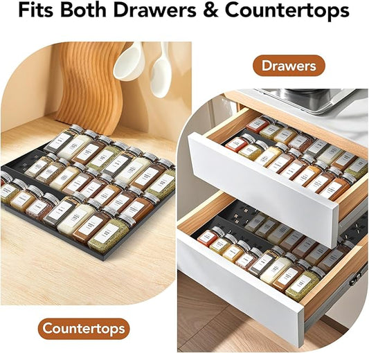 Idcymoul Spice Drawer Organizer 3-Tier Expandable (11"-22" Wide), Spice Rack for Cabinet with Funnel & Spice Labels, Fits Large Jars, Seasoning Storage Insert Design for Cabinet & Drawer (Black)