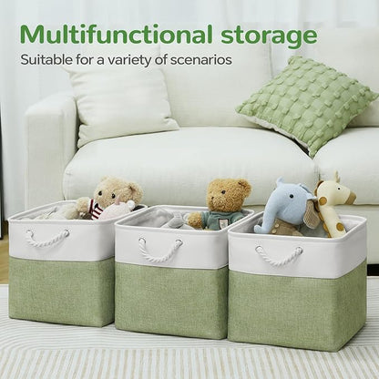12 x 12 Inch Cube Storage Bins, 4 Pack Fabric Storage Basket with Handles, Foldable Boxes Organizer for Shelf Baskets for Home, Clothes (White/Green)