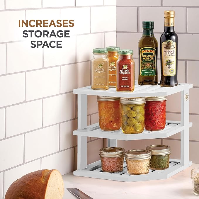 Cabinet Organizer Shelf - Bamboo Corner Rack for Kitchen Counter, Cabinet Space Saver for Plates, Dishes, Bowls, Bread Pantry, Bathroom Storage or Countertop Stand, White