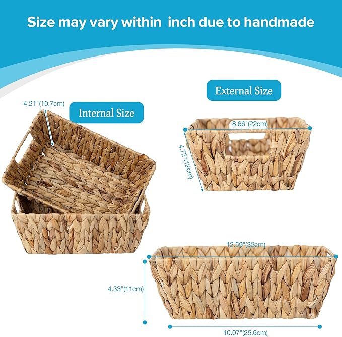 JS HANGER Wicker Storage Basket with Washable Liners, Metal Frame, Set of 2, 12.6"L x 8.7"W x 4.3"H, Water Hyacinth Woven Basket for Pantry, Toilet, Bathroom, Bedroom, Patio, Natrual