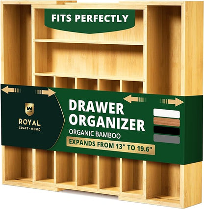 ROYAL CRAFT WOOD Luxury Bamboo Kitchen Drawer Organizer - Silverware Organizer, Utensil Holder & Cutlery Tray Drawer Dividers for Flatware (9 Slot, Natural)