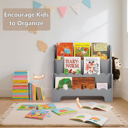 Kids Bookshelf Wooden 3-Tier, Scalloped Book Shelf for Kids Rooms, Front Facing Toddler Montessori Bookshelf, Baby Nursery Book Shelves Kid Classroom Book Shelf Bookcase
