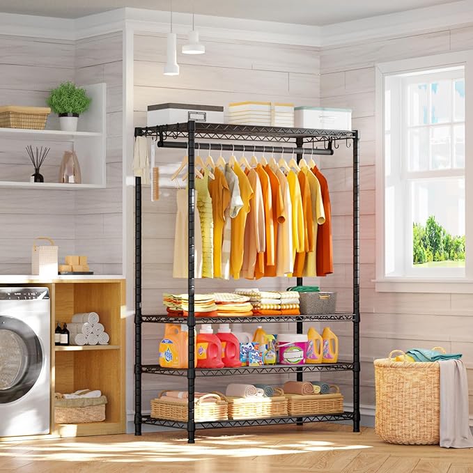 Ulif H4 Plus Portable Closets, 4-Tier Clothes Garment Rack for Bedroom and Cloakroom, Metal Clothing Storage and Organizer Wardrobe System, 45" W x 14" D x 76.4" H, Load 522lbs, Black
