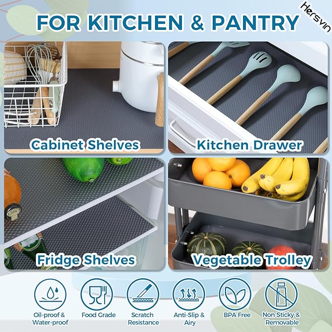 Hersvin Shelf Liners, 12in x 20ft Kitchen Drawer Mats, Non-Adhesive EVA Cupboard Protector, Cabinet Lining (Dark Gray/Dot)