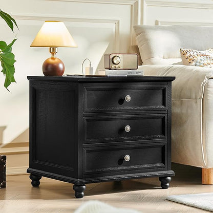 Joaxswe Farmhouse Nightstand with Charging Station, 24" Wide End Table with 3 Drawers,Wood Dresser Cabinet for Bedroom, Bed Side Table Chest of Drawers,Night Stand for Living Room, Closet,Black