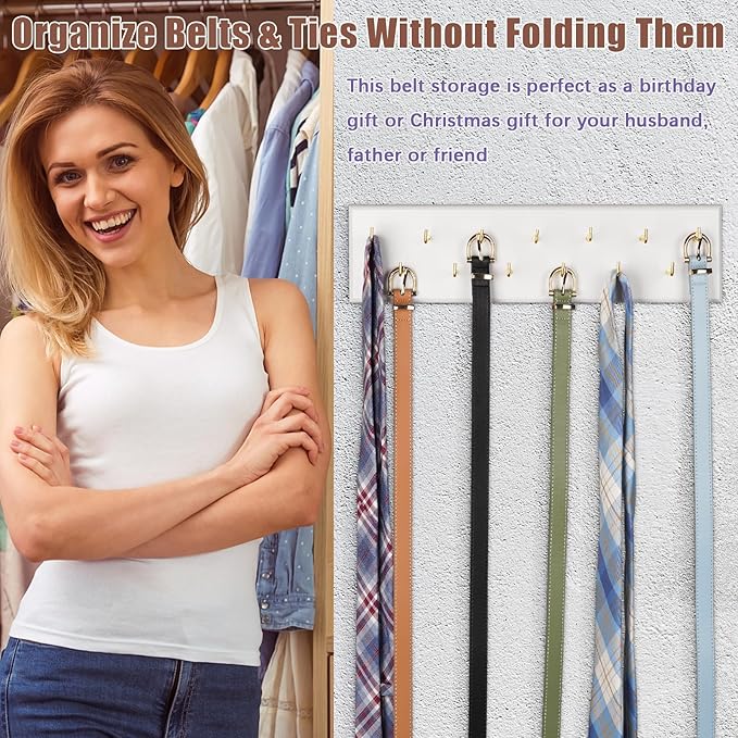Creproly Belt Hanger Wall Mount Belt Organizer for Closet, Holds Over 28 Belts Wooden Wall Mounted Belt Rack Storage Tie and Scarf Hanger for Closet, Wall, Door (White)