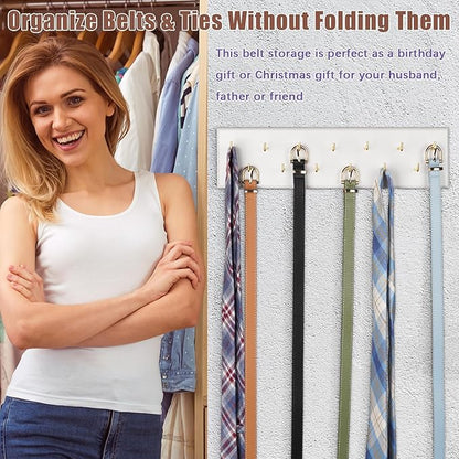 Creproly Belt Hanger Wall Mount Belt Organizer for Closet, Holds Over 28 Belts Wooden Wall Mounted Belt Rack Storage Tie and Scarf Hanger for Closet, Wall, Door (White)