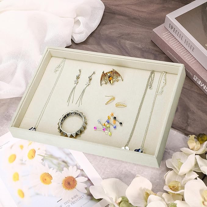 Mornajina 2 Pcs 13.8" x 9.5" Velvet Jewelry Tray Jewelry Display Tray Flat Tray, Stackable Empty Plate Trays for Earrings Necklaces Bracelet Rings Display Showcase - Light Khaki